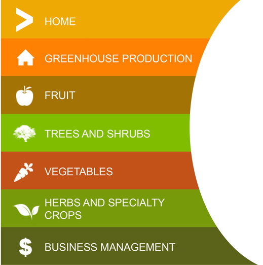 Navigation to pages with information on greenhouse, fruit, nursery, vegetable, herb production and horticultural business management links.